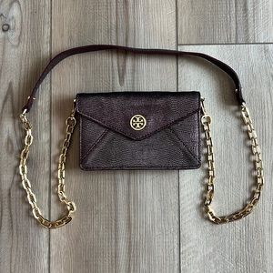 Tory Burch Dark Brown Lizard-Embossed Crossbody with Gold Chain
